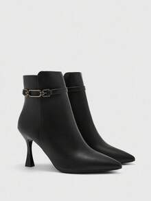 CUCCOO BIZCHIC Women's Black Pointed Toe Metal Decor Fashion High Heel Mid-Calf Boots - Black - View 6