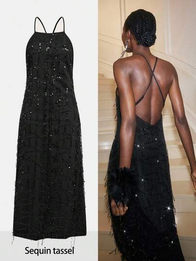 Maija 圣诞派对季吊带流苏亮片女式连衣裙