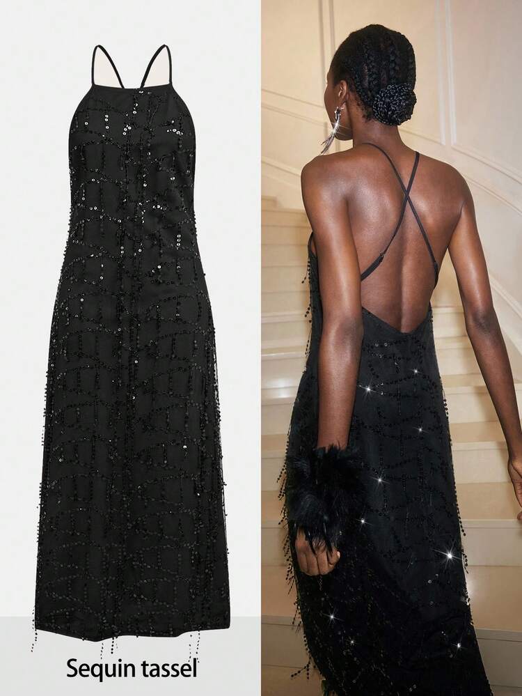 SHEIN Maija Christmas Party Season Halter Tassel Sequin Women's Dress, Autumn Dress, Halloween Costumes , Nightmare Before Christmas, New Year Dress,New Year Look, Party Dresses, Long Party Dresses, Party Outfit,Wedding Guest Dress, Fall Wedding Guest Dress, Graduation Dress, Prom Dresses For Women , Luxury Evening Dresses For Weddings, Glitter Black Dress,Backless, Loose-Fitting, Affordable Luxury Party