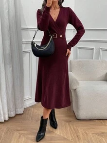 EMERY ROSE Women's Elegant Commuter Solid Color Belted Knit Dress, Autumn/Winter