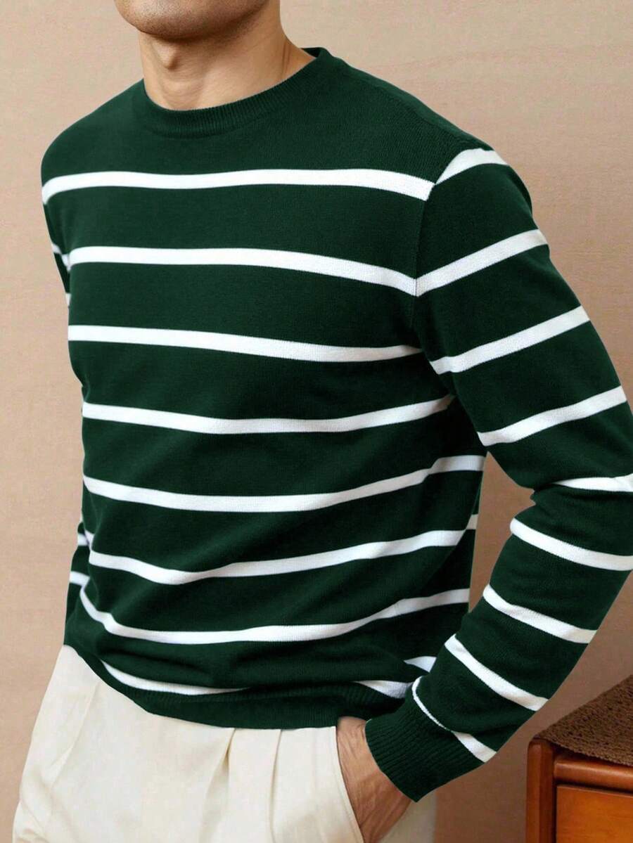 Manfinity Homme Men's Casual Striped Crew Neck Long Sleeve Sweater, Autumn/Winter Green Sweater Men Green And White Shirt Men Green Striped Shirt Rugby Long Sleeve For Men Striped Long Sleeve Green Striped Sweater Men Striped Long Sleeve Men Green And White Striped Shirt - Green - View 1
