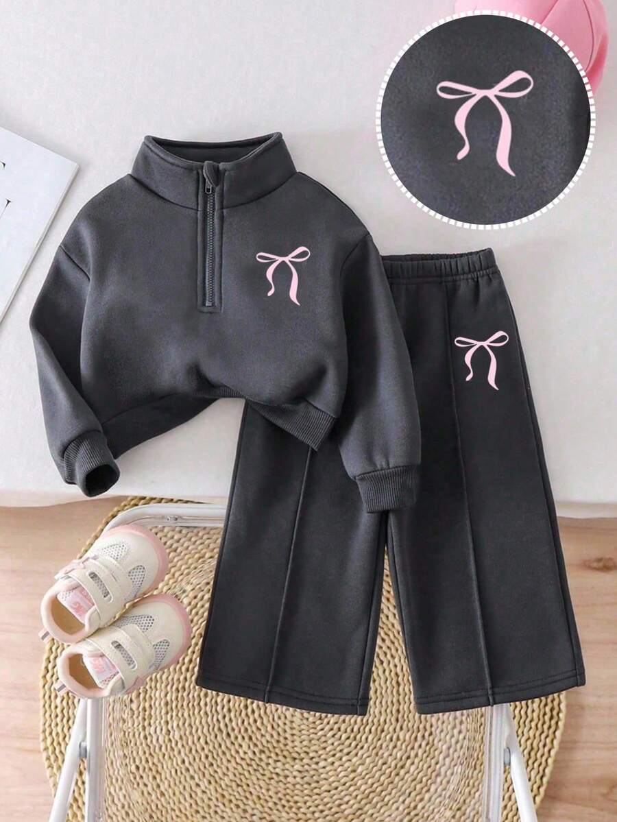 SHEIN 2 pièces/Set Ensemble de sweat-shirt à capuche zippé et pantalon avec imprimé nœud rose pour jeune fille, doublure thermique, convient pour les sorties, la maison et les tenues décontractées, automne/hiver - Gris - Voir 1