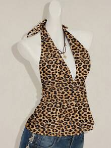 SHEIN ICON 女士休闲露背深V领豹纹裹背衬衫，夜店装扮，性感、千禧一代、垃圾摇滚、哥特、朋克和美学风格。返校节、夜店装扮、派对、复古风、派对、嘻哈风 - 彩色 - 查看 7