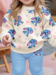 SHEIN Happikins 女婴可爱卡通兔子、蝴蝶结、史迪奇印花保暖连体衣和打底裤套装，奶油白和玫瑰蓝，柔软舒适，适合秋冬休闲穿着 - 彩色 - 查看 5