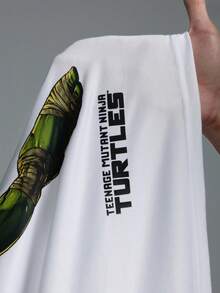 ROMWE MEN TEENAGE MUTANT NINJA TURTLES | ROMWE 男士休闲时尚街头卡通乌龟与字母图案撞色插肩袖宽松T恤，夏季 - 黑與白 - 查看 10