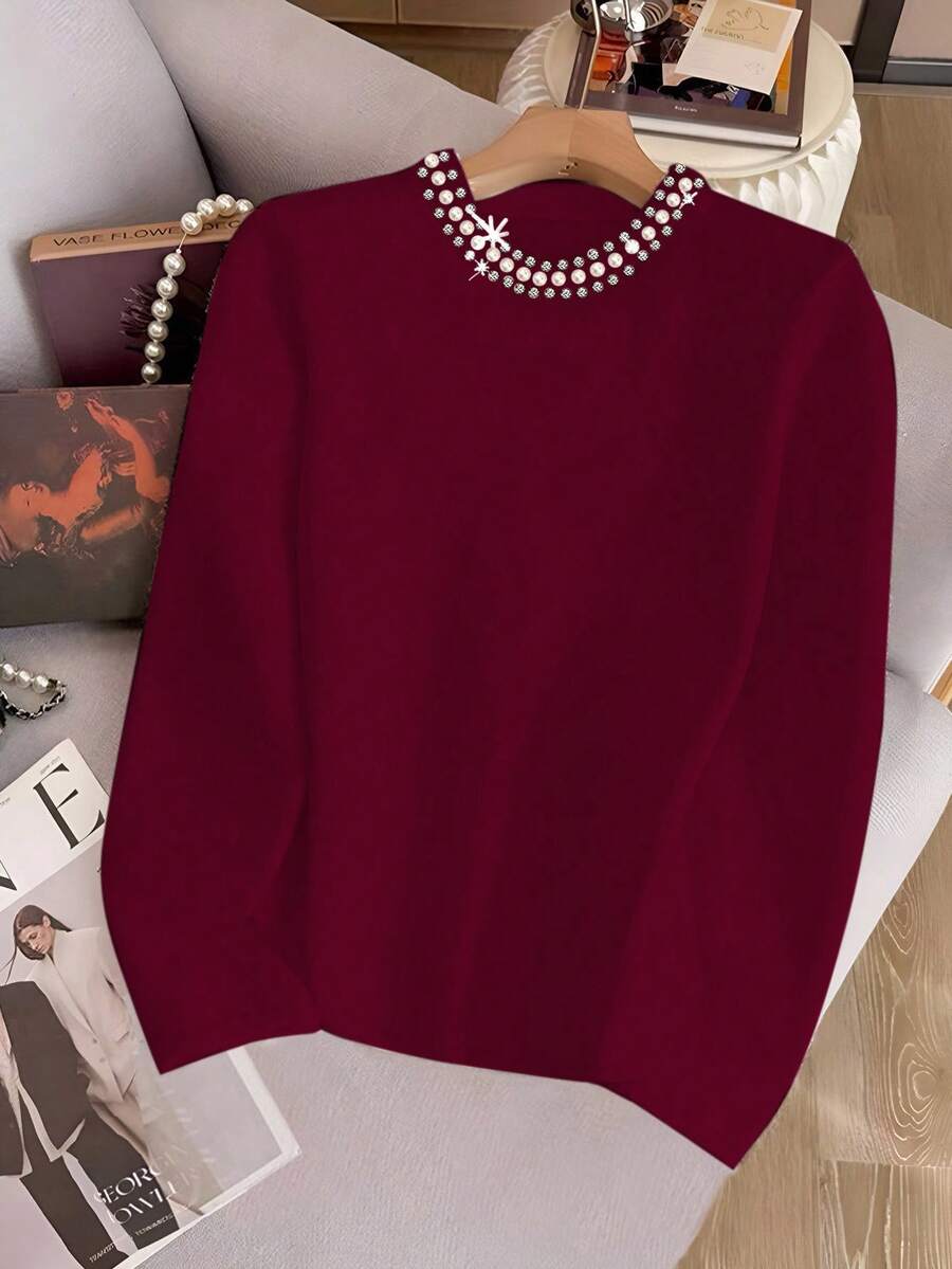 SHEIN Women's Solid Color Round Neck Long Sleeve T-Shirt With Faux Pearl Embellished Patchwork, Christmas - Red - View 1