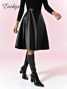 少女优雅复古大下摆 PU 皮裙 - 黑色 - 查看 8