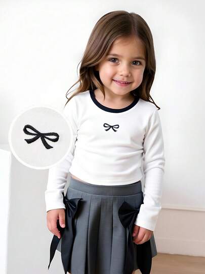 Maija Kids Maija Kids 少女圆领撞色领蝴蝶结装饰长袖T恤
