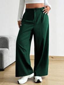 POPSWAY Plus Size Women's Solid Color Pleated Loose Wide Leg Pants - Dark Green - View 7
