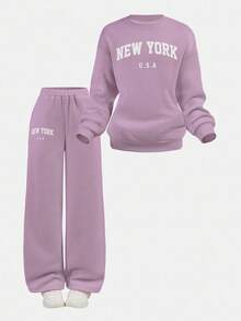 SHEIN Girlism Set de sudadera y pantalón de chándal con estampado de letras de ajuste holgado y cuello redondo para niñas preadolescentes, 2 piezas - Púrpura polvoriento - Ver 3