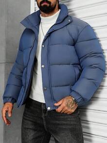 Manfinity Homme Men's Solid Color Long Sleeve Zipper Front Short Casual Padded Coat, Blue Winter Smart Casual Club Puffer Outerwear - Blue - View 3