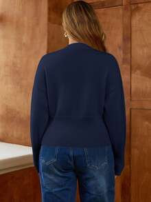 Elaquor Áo len cardigan dệt kim dài tay trễ vai màu trơn cỡ lớn dành cho nữ, mùa thu - Màu xanh hải quân - Xem 5