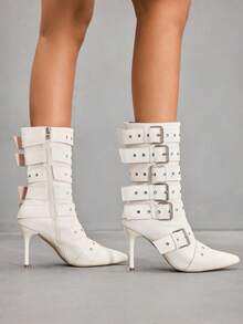 CUCCOO SZL Stivali da donna con punta affusolata e tacco a spillo alto, tomaia in PU bianco con decorazioni in occhielli d'argento, alla moda e confortevoli per feste e discoteche