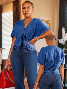 SHEIN Tall Women's Fashionable Casual Versatile Denim Jacket And Coat - Dark Wash - View 1