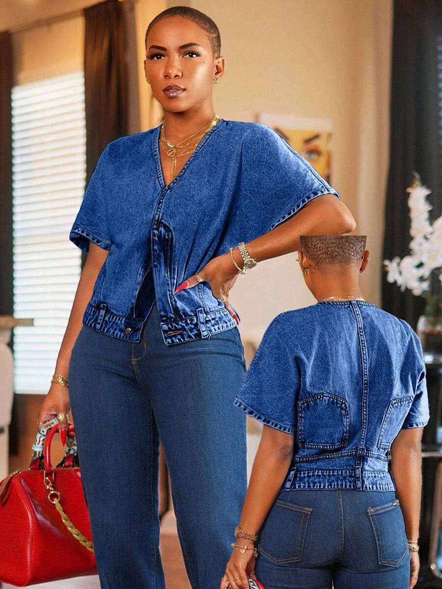 SHEIN Tall Women's Fashionable Casual Versatile Denim Jacket And Coat - Dark Wash - View 1