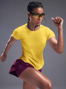 Powerista Fitness Workout Solid Color Round Neck Splice Short Sleeve Breathable T-Shirt Gym Women Shirts - Yellow - View 8