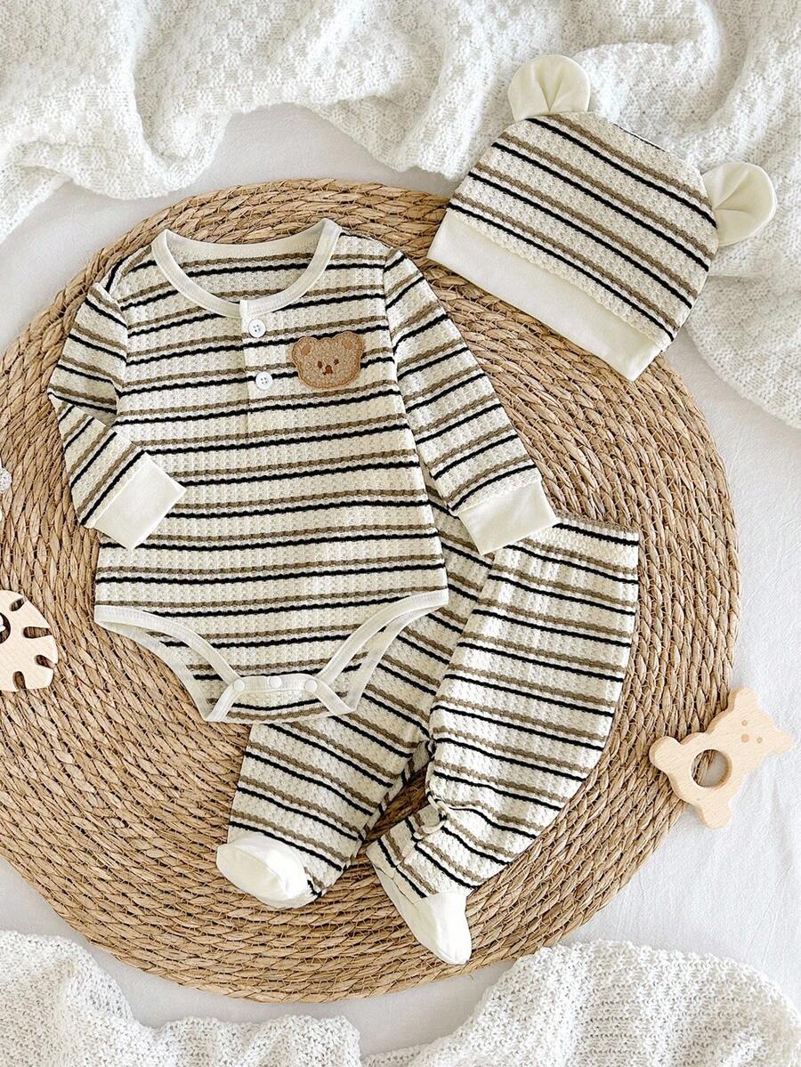 SHEIN Newborn Two-Tone Striped Long Sleeve Romper And Footed Pants With Adorable Hat, Home Outfit Set Newborn Neutral Outfit Baby Layette Set Coming Home Baby Outfit Knit Baby Outfit Neutral Baby Clothes Unisex Fall Winter Newborn Baby Layette Set - Multicolor - View 1