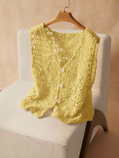 Elaquor 大码女式钩针单排扣 V 领休闲针织背心