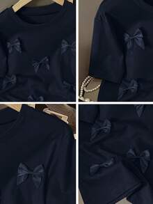 Franclia 女士休闲H型圆领3D蝴蝶结短袖粉色T恤，夏季 - 藏蓝色 - 查看 3