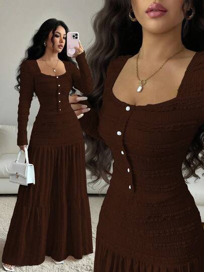 Selianne 女式粉色纹理面料休闲度假风格长袖方领纽扣上衣搭配拼接喇叭长裙两件套，秋季