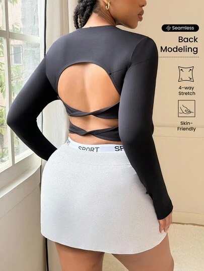 Rhythm Era 大码女式纯色扭纹后背短款长袖T恤