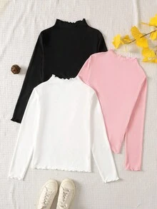 SHEIN 3pcs Tween Girls' Casual All-Match Solid Color Ribbed Lettuce Trim Mock Neck Tee - Pink - View 2