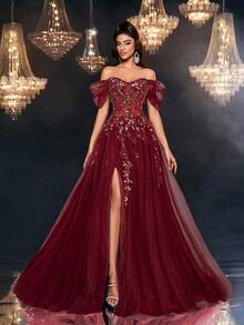 Glamrae Đầm maxi trễ vai xẻ cao, sang trọng, thanh lịch với ren thêu 3D tinh tế và đuôi dài, thích hợp cho đám cưới, sự kiện, tiệc tùng, kỳ nghỉ, dạ hội, các dịp trang trọng (thêu cầu kỳ), Ngày Valentine. - Màu Đỏ Sâu - Xem 3