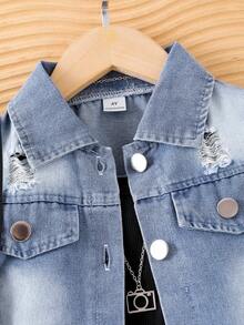 2件套女童牛仔破洞长袖蝴蝶结外套，黑色针织连体裤套装，时尚儿童秋季套装 - 藍色 - 查看 4