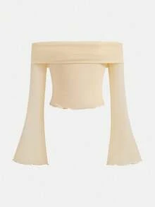 SHEIN Tween Girl Casual Minimalist Off-Shoulder Cropped Flare Long Sleeve T-Shirt Long Tube Tops Kids Off Shoulder Top Tween Girls Off Shoulder Top Tween Girl Clothes Knitted Ribbed Off Shoulder Top Long Sleeve Off Shoulder Top - Apricot - View 4