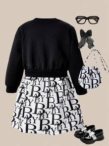 SHEIN Explorewe Young Girls' Sweet Cartoon Print Black Long Sleeve Patchwork Hoodie Dress With Bag,Children's Autumn School Outdoor Play & Holiday Mid-Length Dress - Black and White - View 2