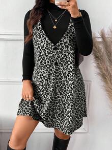 SHEIN Frenchy 女式加大码纯色立领上衣和豹纹无袖连衣裙两件套 - 淺灰色 - 查看 3