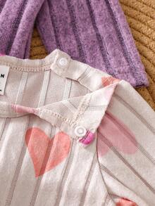 3pcs/Set Newborn Infant Cozy Ribbed Fleece Heart Print Pajamas, Comfortable & Fashionable Casual Homewear, Suitable For Spring & Autumn - Multicolor - View 8