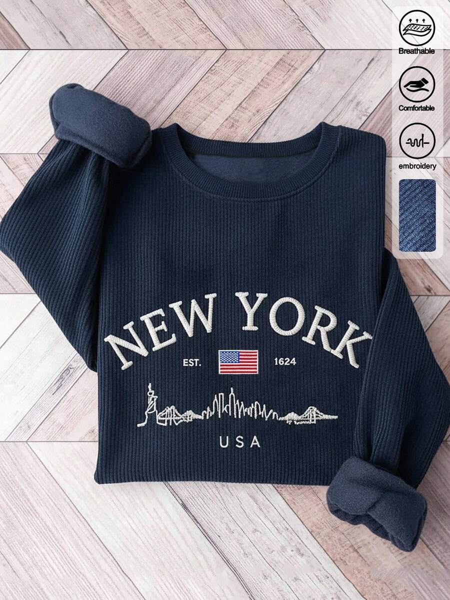 INAWLY Áo nỉ dài tay cổ tròn thêu chữ NEW YORK dành cho nữ, mùa thu/đông, món quà tuyệt vời cho bạn bè - Màu xanh hải quân - Xem 1