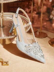 CUCCOO TILAWA Giày cao gót mũi nhọn đính đá Rhinestone nổi thời trang nữ dự tiệc cưới trang trọng - Bạc - Xem 7