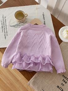 SHEIN Vintaside Kids 年轻女孩优雅针织毛衣，丝绸花边，柔软纱线，适合日常休闲穿着，适合家庭聚会、万圣节、新年、感恩节、圣诞节 - 紫色 - 查看 2
