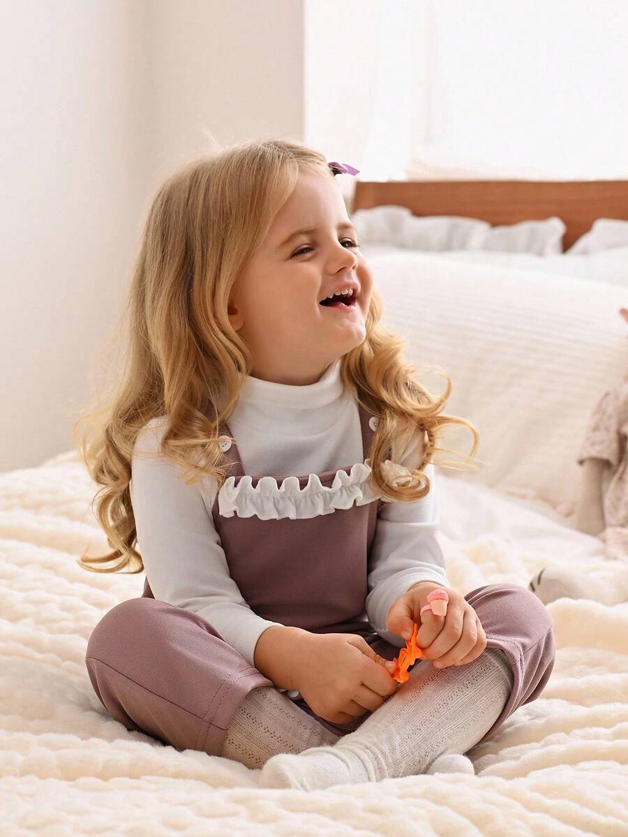 SHEIN 2pcs/Set Baby 6Months-3Years Baby Fall For Girl Casual&Cute Style Solid Color Jumpsuit&Base Top