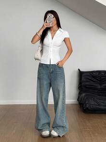 Flirla Tall 女式纯色单排扣休闲褶皱短款白衬衫 - 白色 - 查看 4