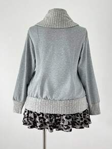 Sunspun Plus Size Floral & Ribbed Patchwork Stand Collar Zip-Up Decorated Button Pocket Long Sleeve Cinched Waist Jacket - Grey - View 2