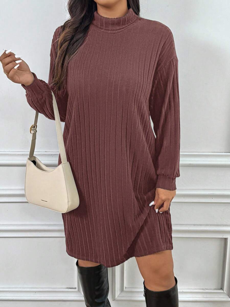 SHEIN Frenchy Plus Size Women Solid Color High Neck Drop Shoulder Long Sleeve Ribbed Casual T-Shirt Dress/Fall/Winter Long Sleeve Dresses Solid Color Dress - Rust Brown - View 1