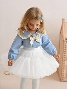 SHEIN Baby Girl's Fashion Princess Style 3D Bow Long Sleeve Top, Soft Fabric, Suitable For School, Indoor And Outdoor Activities, Autumn/Winter - Blue - View 1