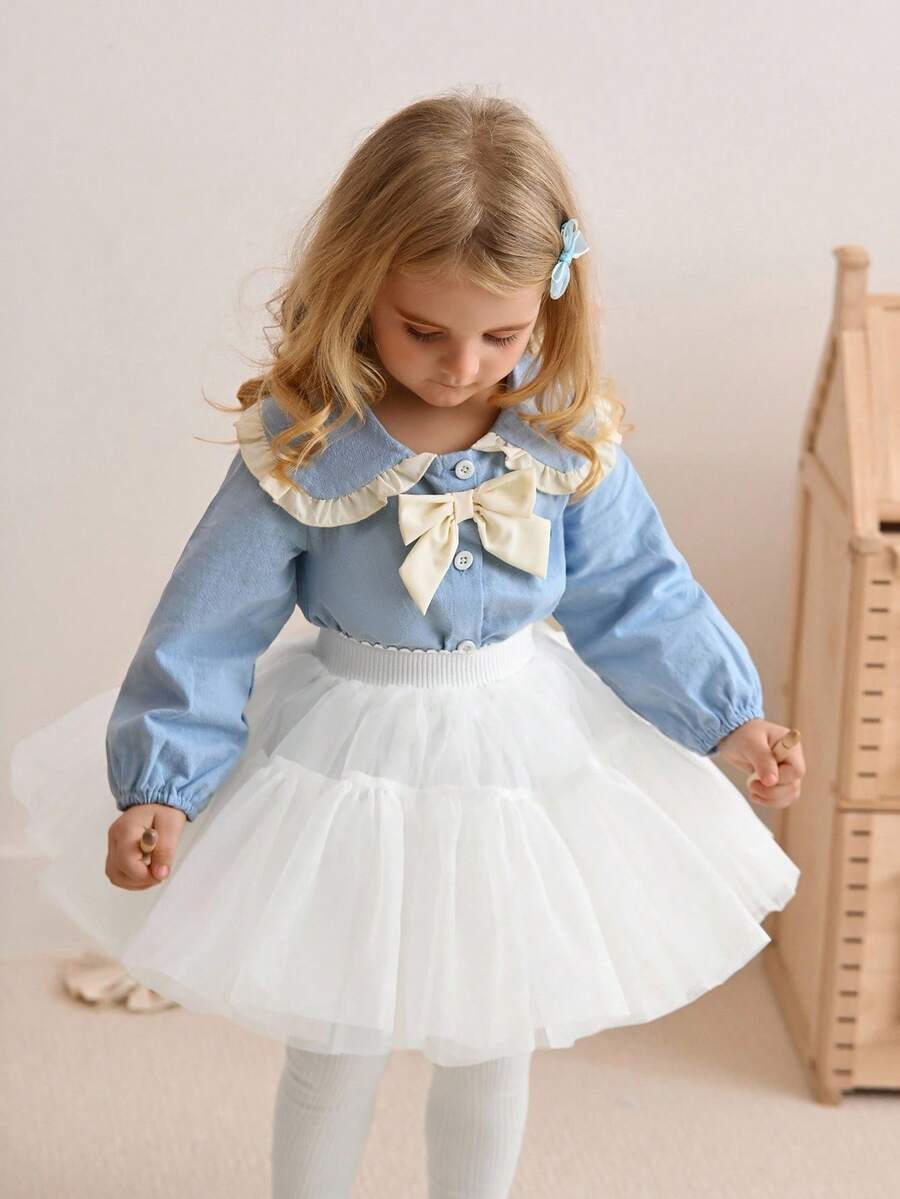 SHEIN Baby Girl's Fashion Princess Style 3D Bow Long Sleeve Top, Soft Fabric, Suitable For School, Indoor And Outdoor Activities, Autumn/Winter - Blue - View 1