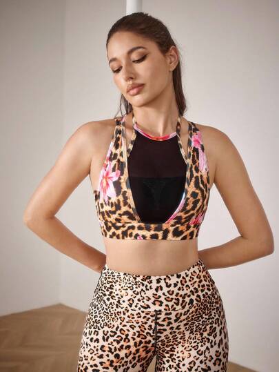 Menodora SHEIN Sport 女士豹纹花卉图案休闲时尚交叉后背工字背运动文胸