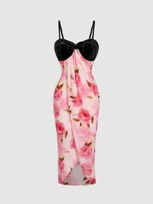SHEIN MOD Elegancka sukienka damska z kwiatowym nadrukiem i ozdobnym kokardką z aksamitu, średniej długości, z ozdobnym brzegiem, w modnym stylu kurortowym na lato - Wielokolorowe - Zobacz 2