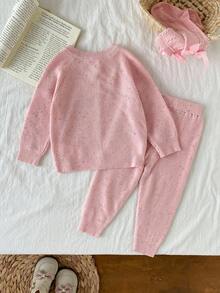 SHEIN Baby Mädchen Buchstaben Muster Raglan Ärmel gestrickter Cardigan und gestrickte Hose Lässig Outfit, Herbst/Winter - Babypink - Übersicht 2