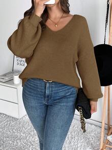 SHEIN Frenchy 大码女式 V 领蝴蝶结露背套头衫，优雅法式风格 - 駝色 - 查看 5