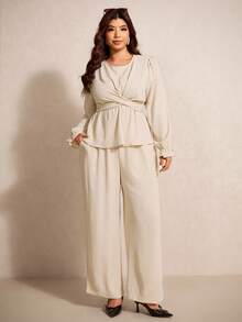 Elaquor Plus Size Casual Solid Color Cinched Waist 2 Piece Set For Women Office Old Money - Apricot - View 3