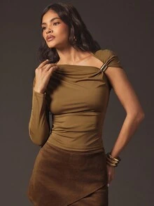 Hauture Formal Old Money Business Office Solid Color Asymmetric Collar Pleated Long Sleeve Blouse - Camel - View 1