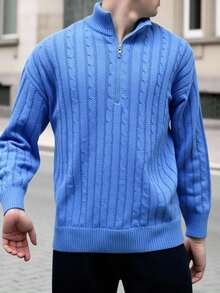 Manfinity Homme 男士休闲粗针织拉链长袖毛衣，秋冬 - 薄荷藍 - 查看 3