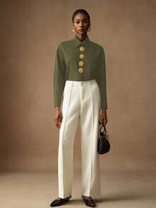 Vesra Women's Fashionable Commuter Metal Decor Solid Color Blouse Gold Buttons - Army Green - View 6