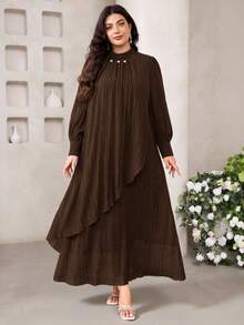 Veilorie Plus Size Elegant Commuter Beaded Decor Long Dress - Coffee Brown - View 1